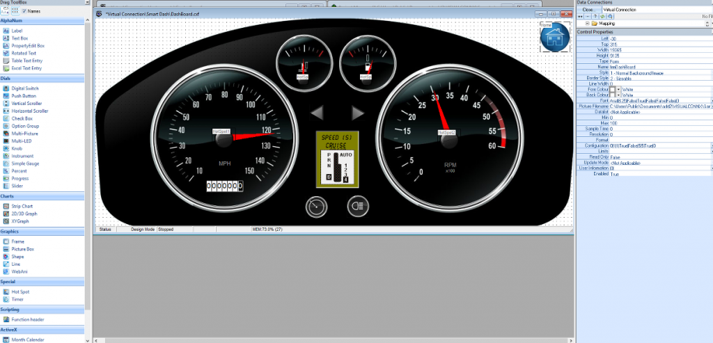 GUI screenshot showing dashboard signals and parameters